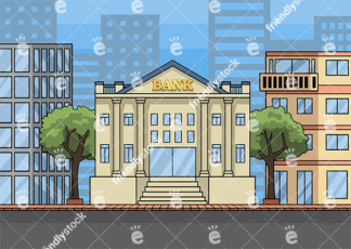 市中心银行建筑背景，16:9纵横比。PNG - JPG和矢量EPS文件格式(无限扩展)。
