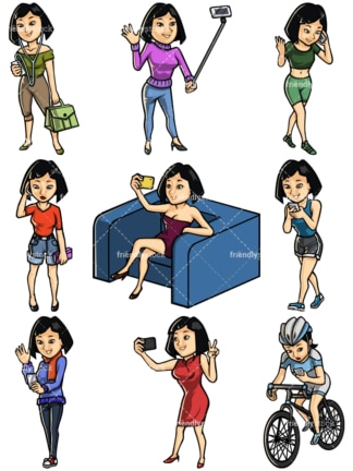 亚洲妇女使用手机收集-白色背景上孤立的图像。透明PNG和矢量(无限可伸缩)EPS