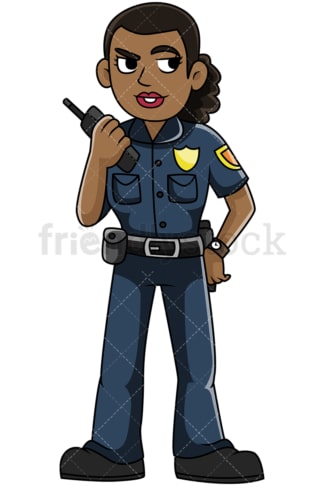 在广播中讲话的黑人女警察——透明背景上孤立的图像。PNG