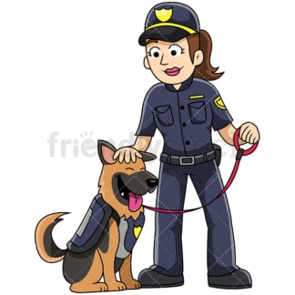 K9女警察抚摸狗-图像在透明背景上隔离。PNG