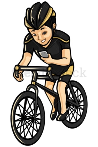 亚洲男子一边骑自行车一边发短信——白色背景下的孤立图像。透明PNG和矢量(无限可伸缩)EPS