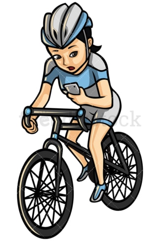 亚洲妇女一边骑自行车一边发短信——白色背景上孤立的图像。透明PNG和矢量(无限扩展)EPS