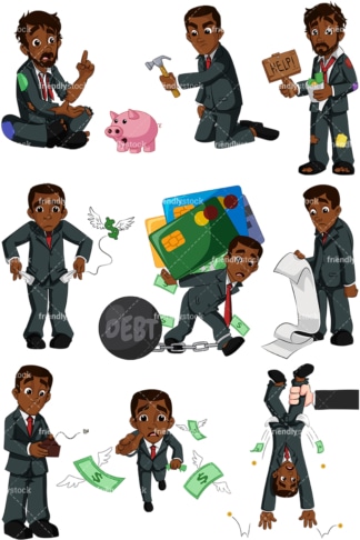 黑人商人在财务困境。PNG - JPG和向量EPS(可伸缩)。孤立的透明背景图像。