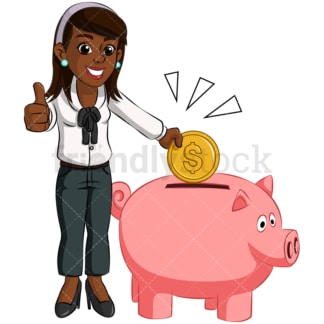黑人妇女在存钱罐里存钱。PNG - JPG和矢量EPS(无限扩展)。图像隔离在透明背景上。