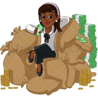 富有的黑人女商人享受金钱。PNG - JPG和矢量EPS(无限扩展)。图像隔离在透明背景上。