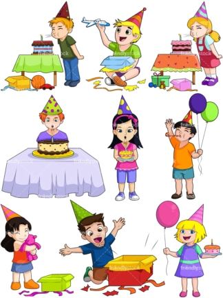 Kinder, die Geburtstage feiern。PNG - JPG和Vektor-EPS-Dateiformate (unendlich skalierbar)。图片(Bild auf transparentem)