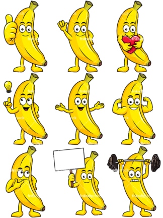 吉祥物香蕉卡通人物。PNG - JPG和矢量EPS文件格式(无限扩展)。图像隔离在透明背景上。