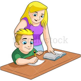 男孩和妈妈一起做作业。PNG - JPG和矢量EPS(无限可扩展)。图像隔离在透明背景上。