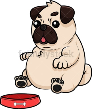 胖哈巴狗从碗里吃东西。PNG - JPG和矢量EPS(无限可扩展)。图像隔离在透明背景上。