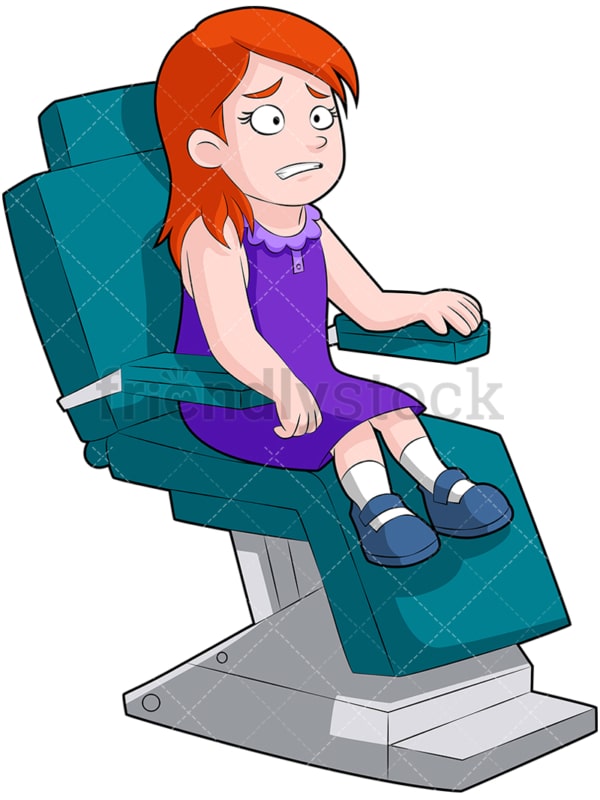 小女孩在牙医椅上坐立不安。PNG - JPG和矢量EPS(无限扩展)。图像隔离在透明背景上。