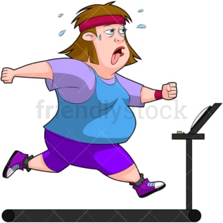 胖女人在跑步机上锻炼。PNG - JPG和矢量EPS(无限扩展)。图像隔离在透明背景上。