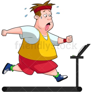 胖子在跑步机上锻炼。PNG - JPG和矢量EPS(无限扩展)。图像隔离在透明背景上。