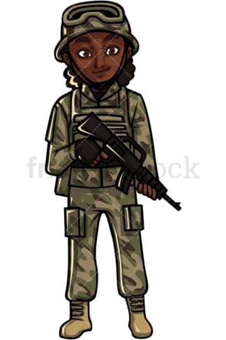 持有武器的非裔美国女兵。PNG - JPG和矢量EPS文件格式(无限扩展)。图像隔离在透明背景上。
