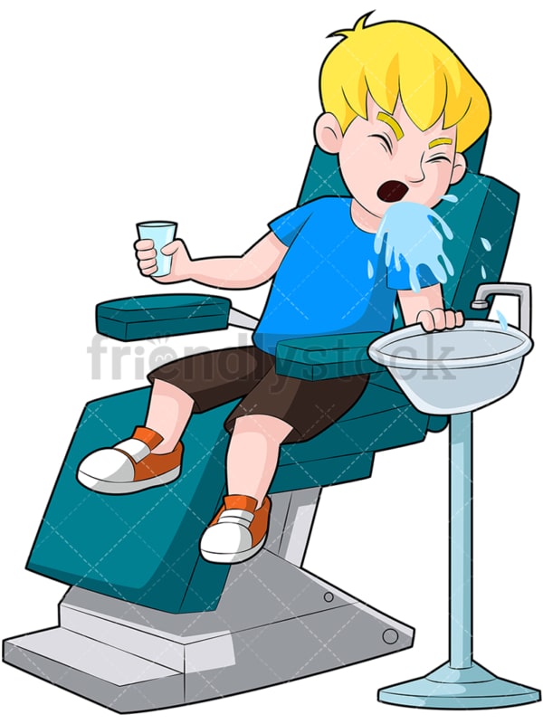 小孩坐在牙医椅上吐水。PNG - JPG和矢量EPS(无限可扩展)。图像隔离在透明背景上。
