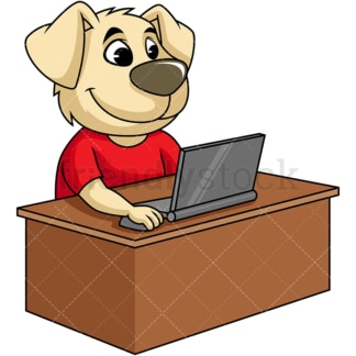 在笔记本电脑上工作的卡通狗。PNG - JPG和矢量EPS(无限扩展)。图像隔离在透明背景上。