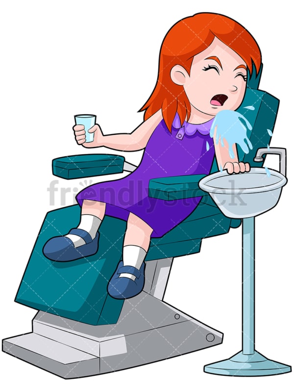看牙医的女孩在吐水。PNG - JPG和矢量EPS(无限扩展)。图像隔离在透明背景上。