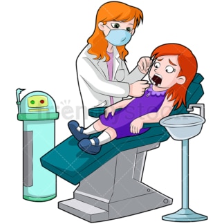 牙医用牙线清洁小女孩的牙齿。PNG - JPG和矢量EPS(无限扩展)。图像隔离在透明背景上。