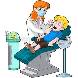 女牙医为男孩用牙线清洁牙齿。PNG - JPG和矢量EPS(无限可扩展)。图像隔离在透明背景上。