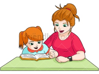妈妈和女儿在做作业。PNG - JPG和矢量EPS(无限可扩展)。图像隔离在透明背景上。