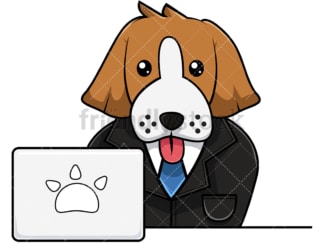 小猎犬在笔记本电脑上工作。PNG - JPG和矢量EPS(无限扩展)。图像隔离在透明背景上。