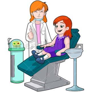 快乐的小女孩坐在牙医椅上。PNG - JPG和矢量EPS(无限扩展)。图像隔离在透明背景上。