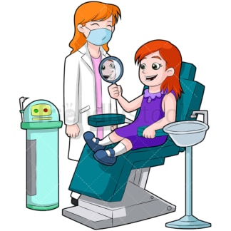 女孩在牙医看镜子。PNG - JPG和向量EPS(可伸缩)。图像孤立在透明背景。