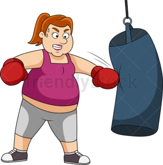 超重妇女戴拳击手套和训练与沉重的包。PNG - JPG和矢量EPS文件格式(无限扩展)。