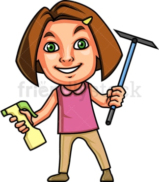 女孩拿着清洁工具。PNG - JPG和矢量EPS(无限扩展)。