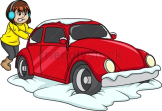女孩把车从雪地里推出来。PNG - JPG和矢量EPS(无限可扩展)。