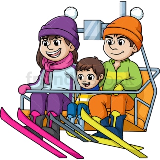 一家人乘滑雪缆车上山。PNG - JPG和矢量EPS文件格式(无限可扩展)。图像隔离在透明背景上。