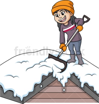 女人从屋顶铲雪。PNG - JPG和矢量EPS(无限可扩展)。