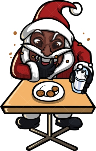 黑色圣诞老人狼吞虎咽地喝着牛奶和饼干。PNG - JPG和矢量EPS(无限扩展)。