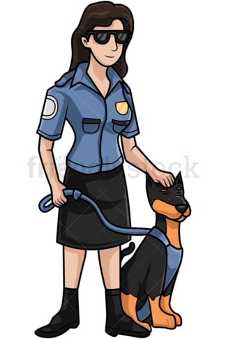 女警察抚摸服务犬。PNG - JPG和矢量EPS文件格式(无限扩展)。图像隔离在透明背景上。