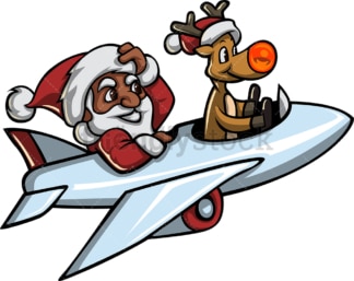 黑色圣诞老人和鲁道夫在开飞机。PNG - JPG和矢量EPS文件格式(无限扩展)。图像隔离在透明背景上。