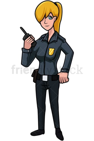 女警察拿着收音机。PNG - JPG和矢量EPS文件格式(无限可扩展)。图像隔离在透明背景上。