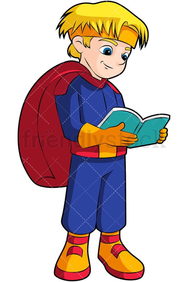 小男孩读超级英雄的书。PNG - JPG和矢量EPS(无限扩展)。图像隔离在透明背景上。