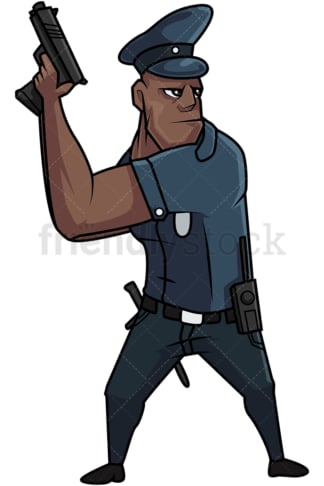 Zwarte politieagent houdt zijn pistool omhoog。PNG - JPG矢量EPS-bestandsindelingen (oneindig schaalbaar)。Afbeelding geïsoleerd op transparenante achtergrond。