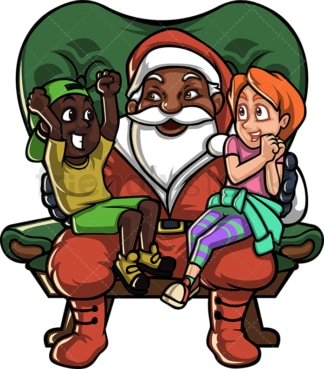 黑色圣诞老人腿上坐着孩子们。PNG - JPG和矢量EPS文件格式(无限扩展)。图像隔离在透明背景上。