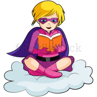 小女孩超级英雄阅读。PNG - JPG和向量EPS(可伸缩)。图像孤立在透明背景。