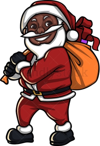 带着礼物袋微笑的黑色圣诞老人。PNG - JPG和矢量EPS(无限扩展)。图像隔离在透明背景上。