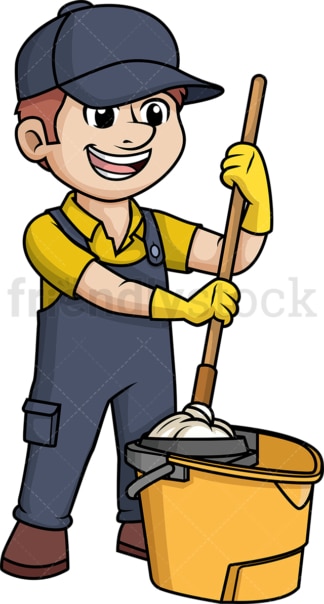 男清洁工拿拖把桶。PNG - JPG和矢量EPS(无限可扩展)。