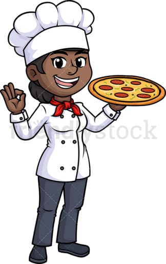黑人女厨师拿着披萨。PNG - JPG和矢量EPS(无限可扩展)。