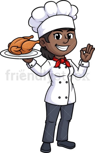 Zwarte vrouwelijke chef-kok die kip houdt。PNG - JPG en矢量EPS(一种沙尔巴尔)。