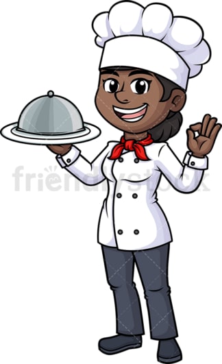 黑人女厨师端着托盘。PNG - JPG和矢量EPS(无限可扩展)。