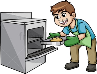 男子从烤箱取出热托盘。PNG - JPG和矢量EPS(无限可扩展)。