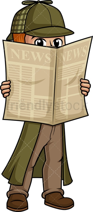 侦探躲在报纸后面。PNG - JPG和矢量EPS(无限扩展)。