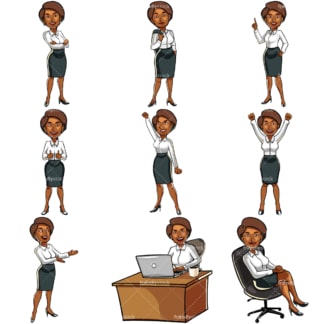 黑人女商人漫画集。PNG - JPG和矢量EPS文件格式(无限扩展)。图像隔离在透明背景上。
