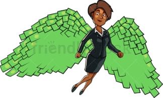 黑人商业女人与美元的翅膀。PNG - JPG和向量EPS文件格式(可伸缩)。图像孤立在透明背景。