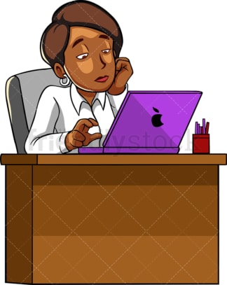 无聊的黑人女人用笔记本电脑工作。PNG - JPG和矢量EPS文件格式(无限扩展)。图像隔离在透明背景上。