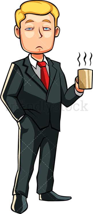 半睡半醒的男人拿着一杯咖啡。PNG - JPG和矢量EPS文件格式(无限扩展)。图像隔离在透明背景上。